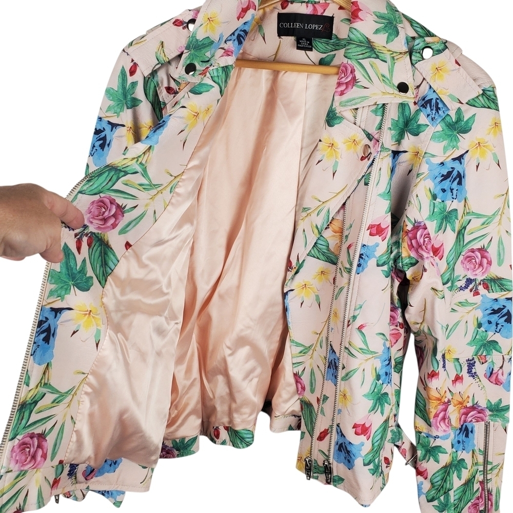 Colleen Lopez Floral Faux Leather Jacket - Pink, Blue, Green, Yellow. XL - Picture 6 of 10
